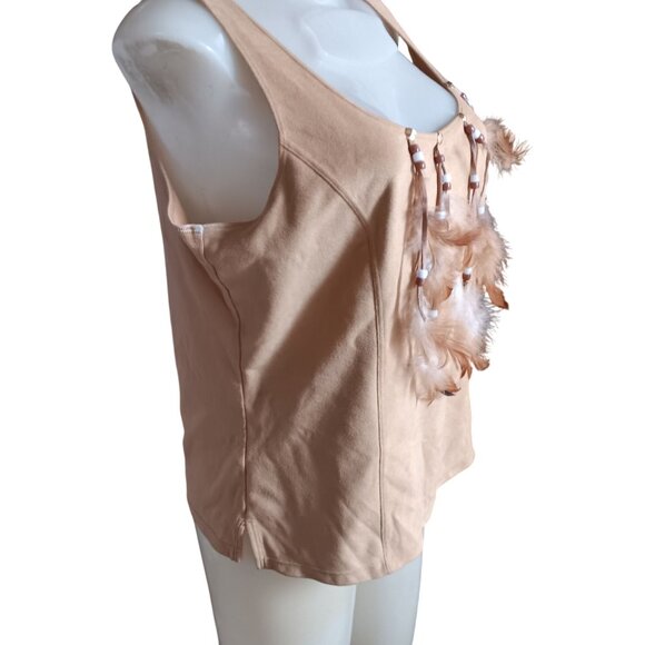 Vintage Tank Top Medium Boho Beige Sleeveless Beaded Feather Hippy 90s cropped - Picture 3 of 5